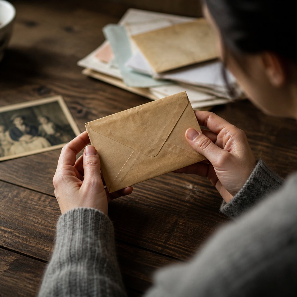 Hands holding a small brown envelope with no markings, resting on a wooden table.