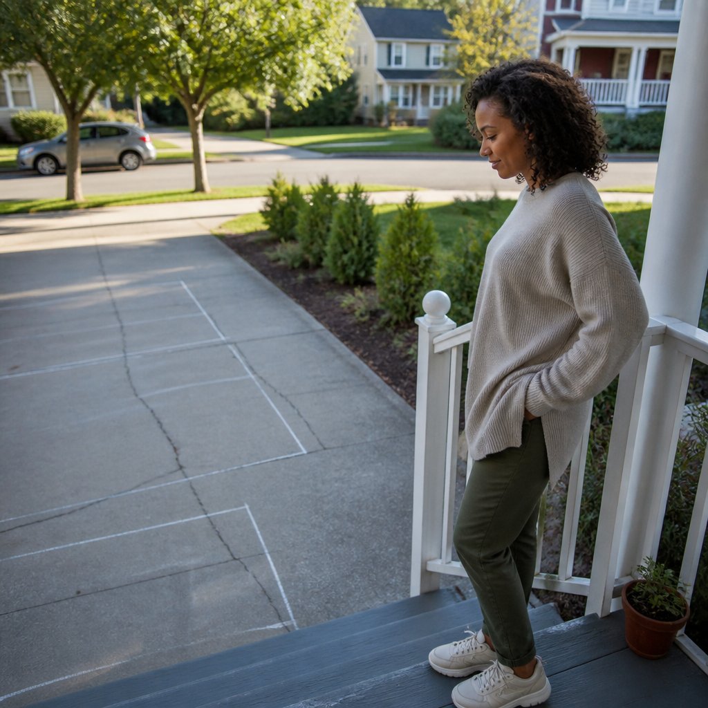 Man in red flannel shirt observes chalk boundary lines on the cracked driveway from his porch.