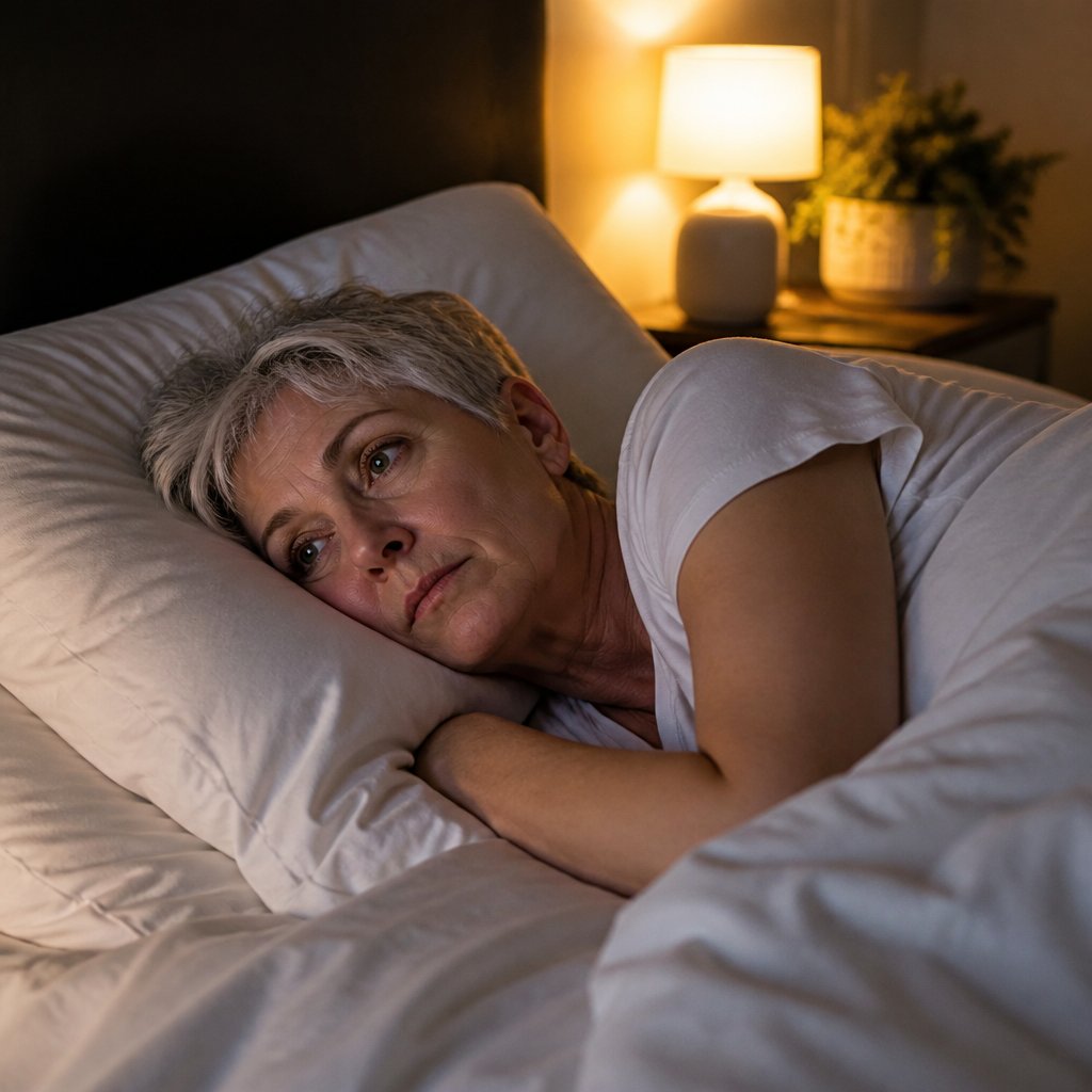 Woman lying awake in softly lit bedroom, eyes open, listening to a humming sound.