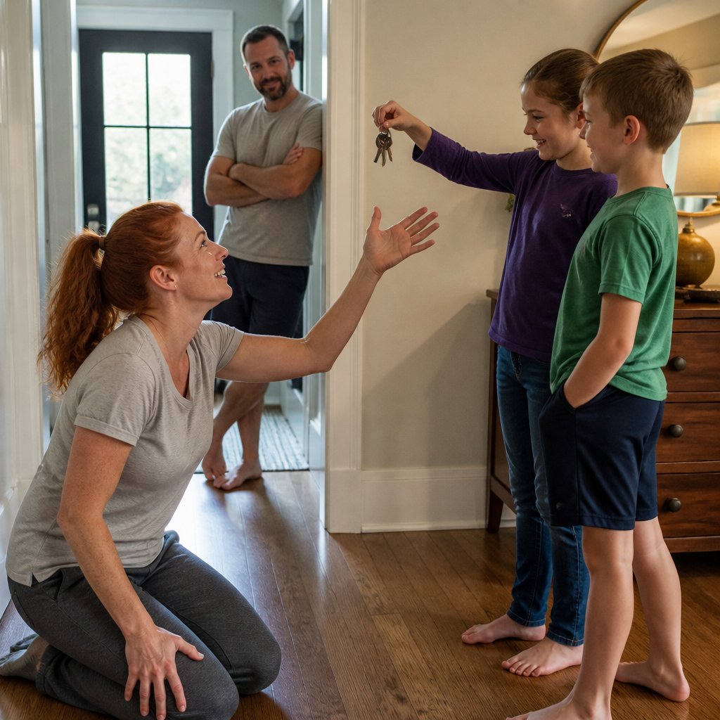 Children teasingly holding keys away from a woman in a hallway as the man watches