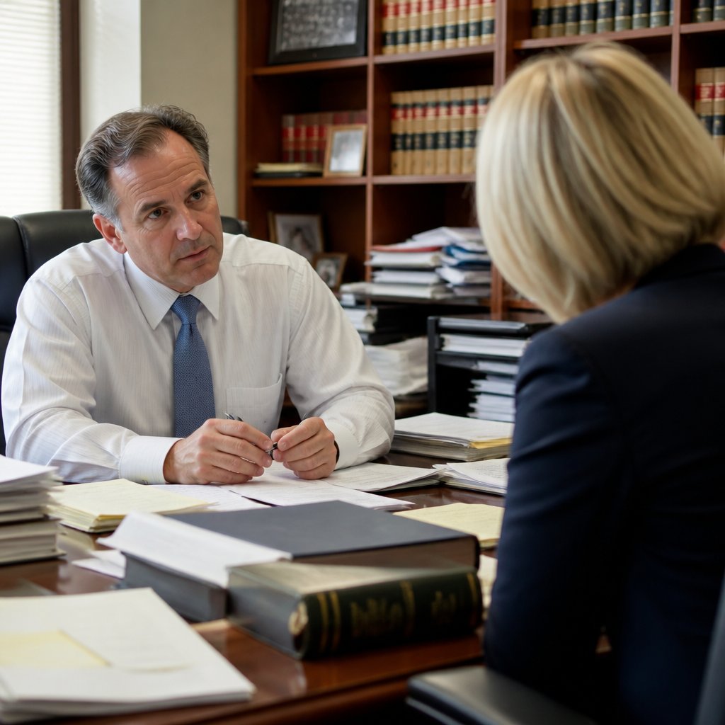 Attorney behind desk speaking seriously.