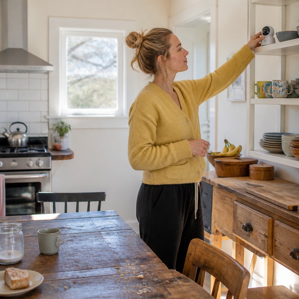 Young woman setting up a baby monitor in a cozy kitchen, focused and determined.