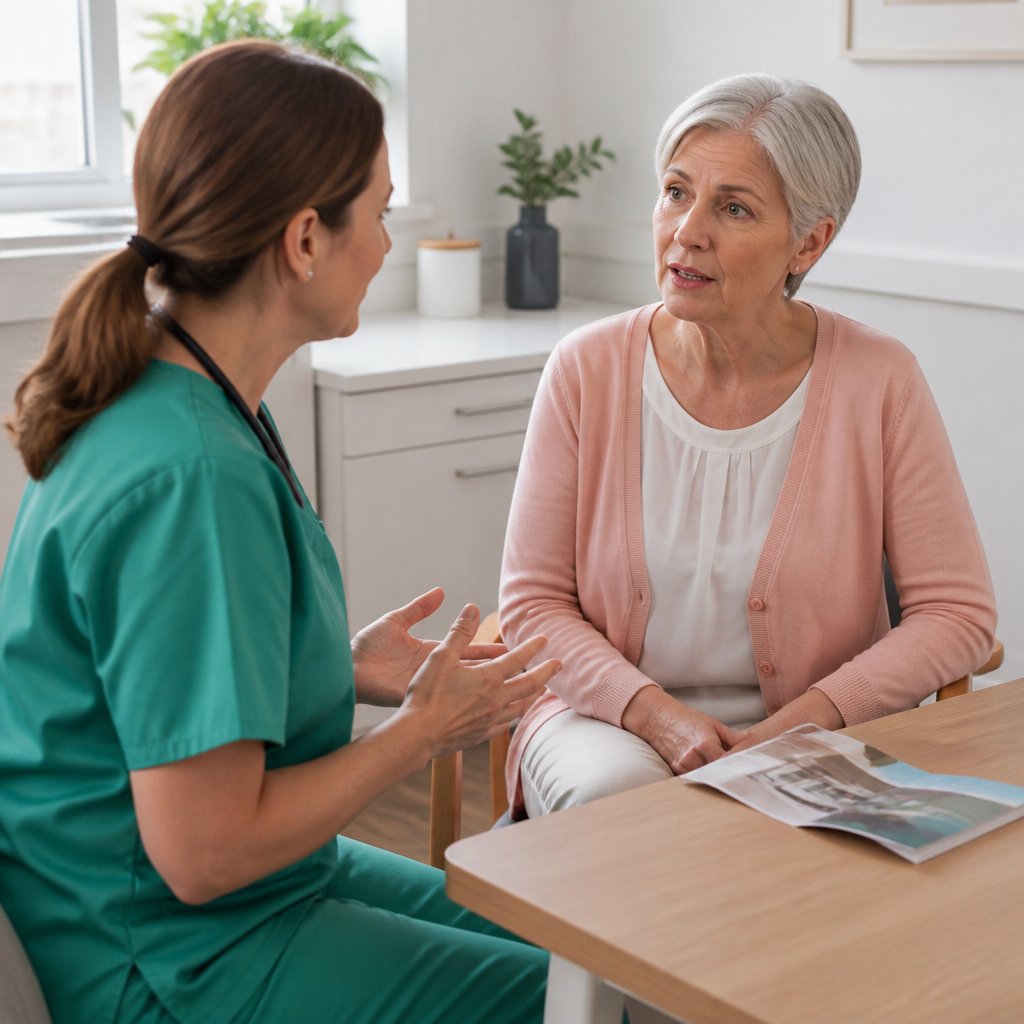 Nurse asking about home renovations, woman considering the question carefully.