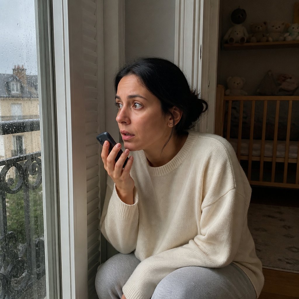 Woman crouched by nursery doorway recording whispered voices on phone with shaking hands.