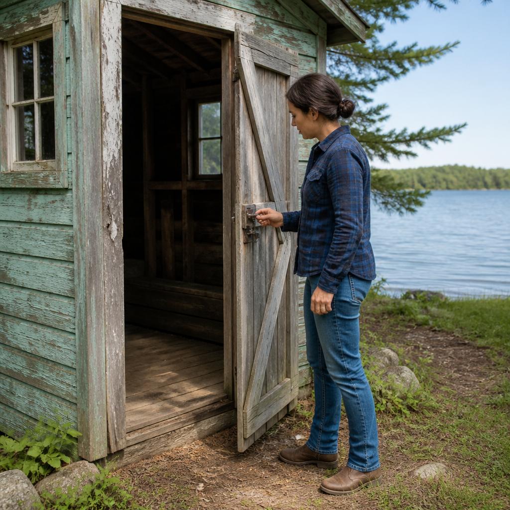 Person inspecting a broken shed lock near an empty spot where a tackle box was.