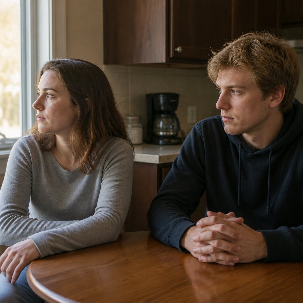 Couple sitting silently at a kitchen table, tension in the air.