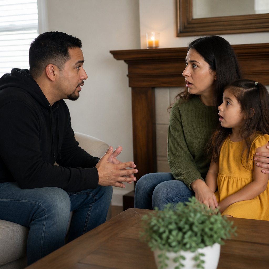 Man softly suggesting doctor visit to woman and daughter in living room, tension visible.