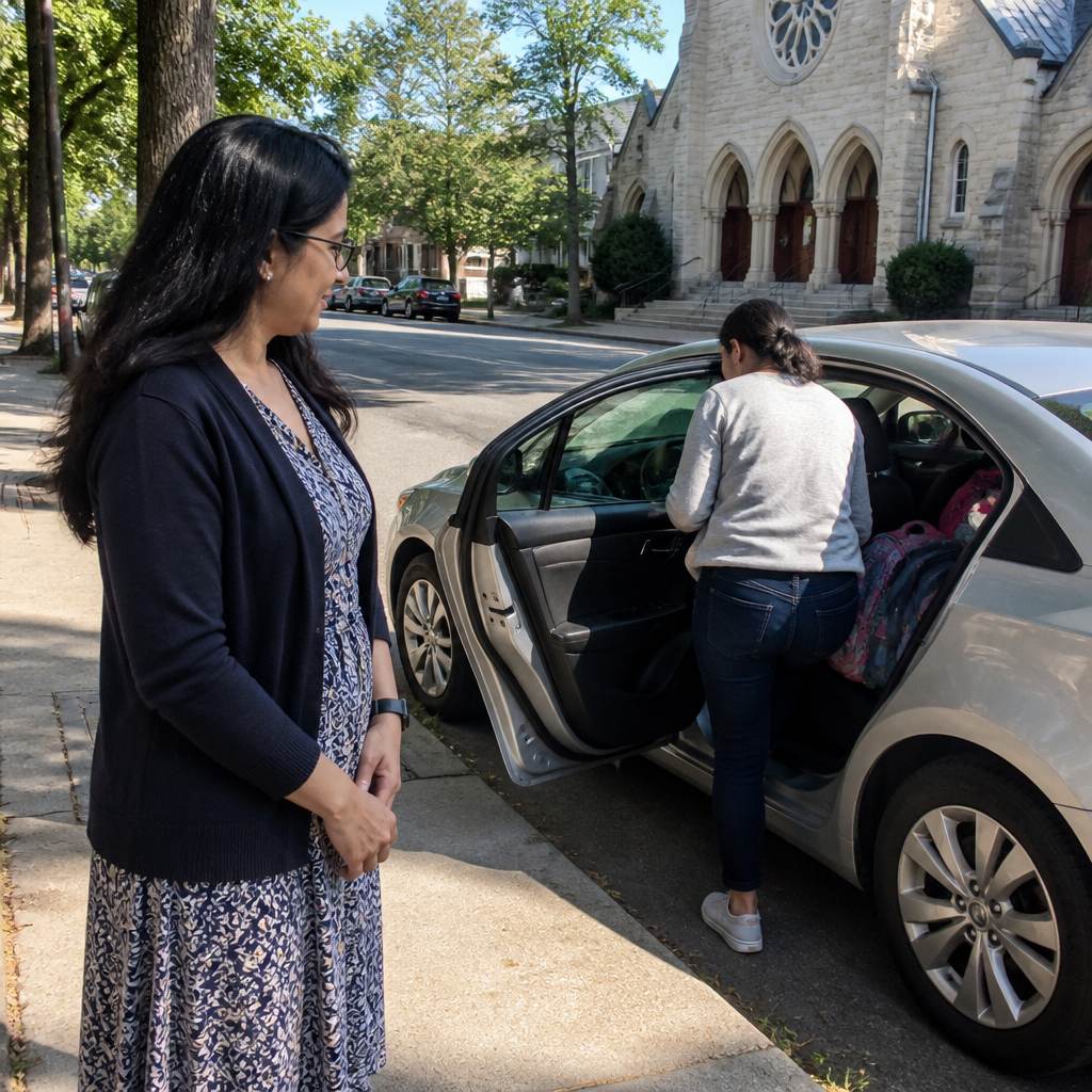 Protagonist watching a familiar woman get into a car after the thrift store.