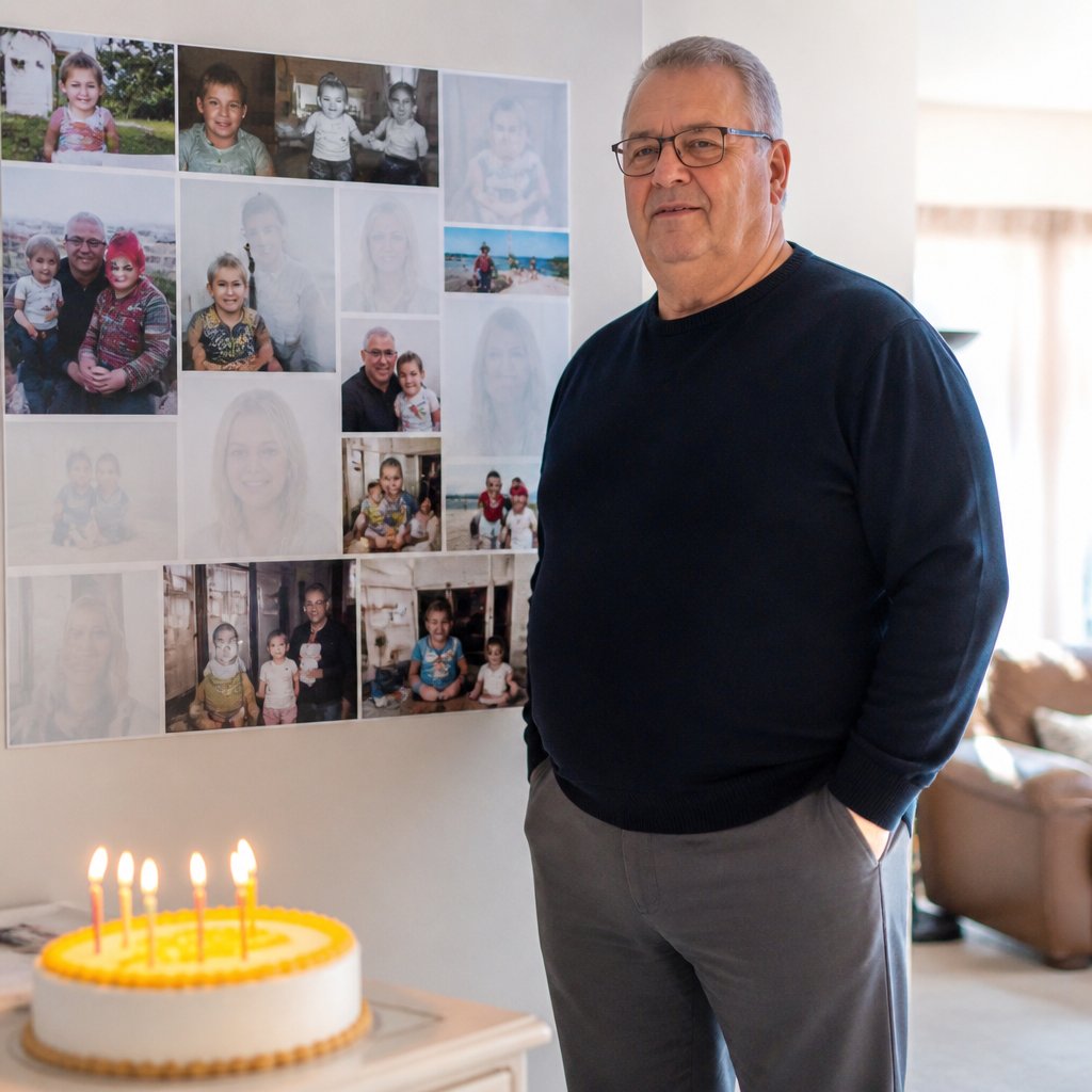Man standing near birthday collage with faded woman images in living room