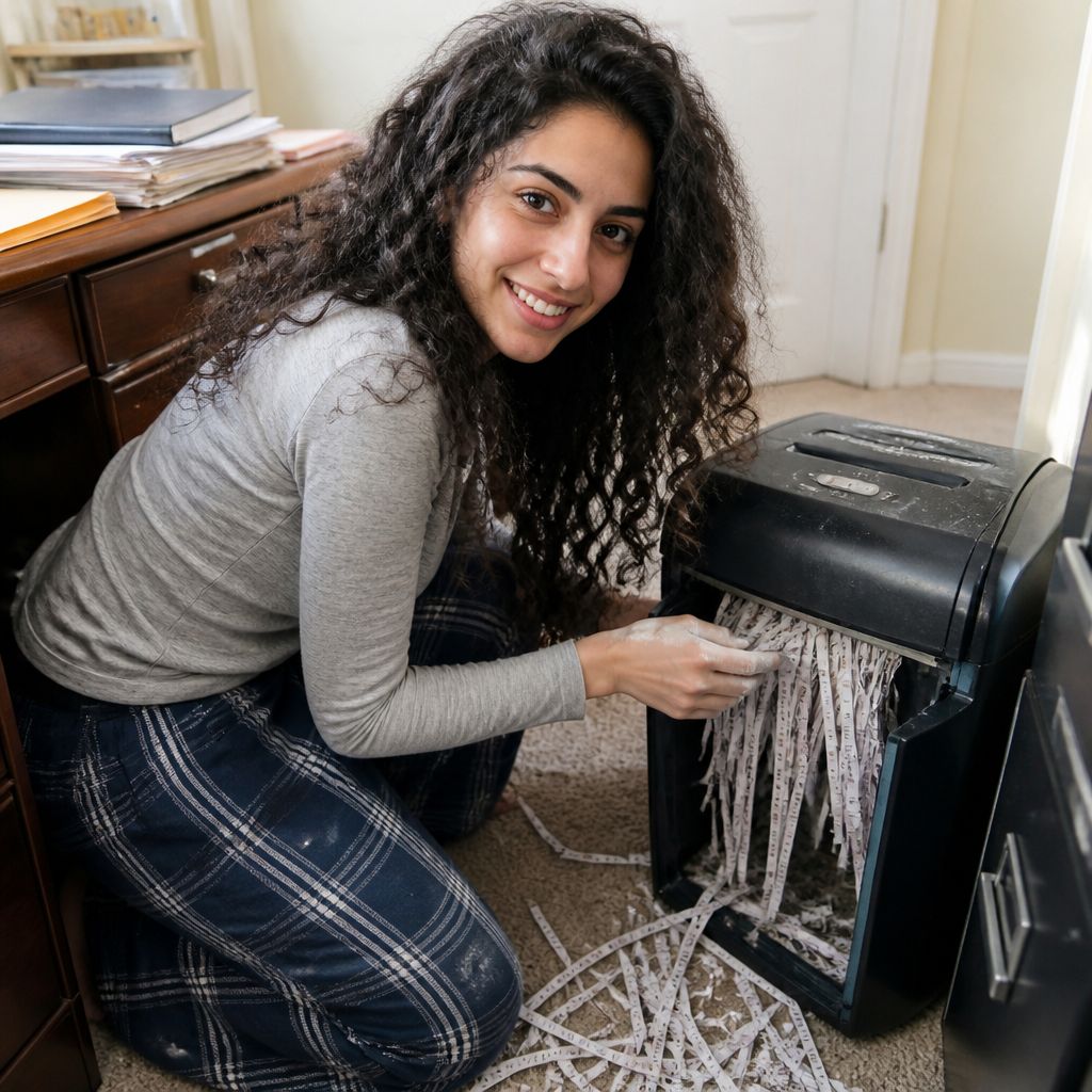 Kara inspecting shredded papers caught in the shredder at night.