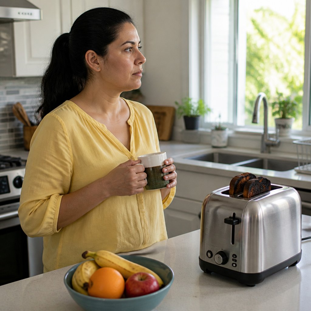 Woman standing at kitchen counter holding coffee mug, looking tense.