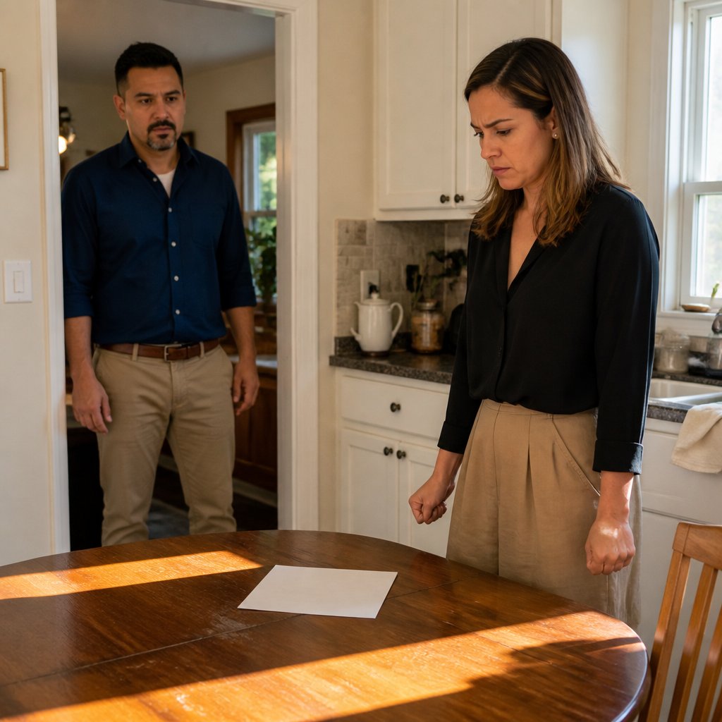 Evan and Mara face each other across the kitchen table with a printed receipt lying between them.