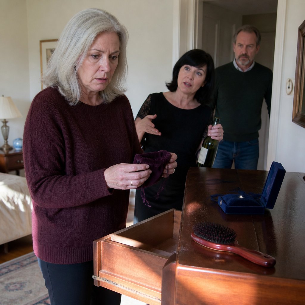 Nina holds an empty jewelry pouch while Lila acts concerned and Matt watches from the doorway.