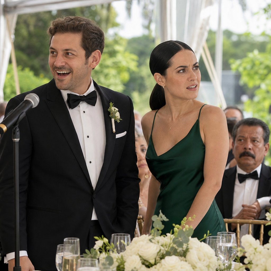 Evan’s laughter cuts off as he looks toward the speeches and Table 12.
