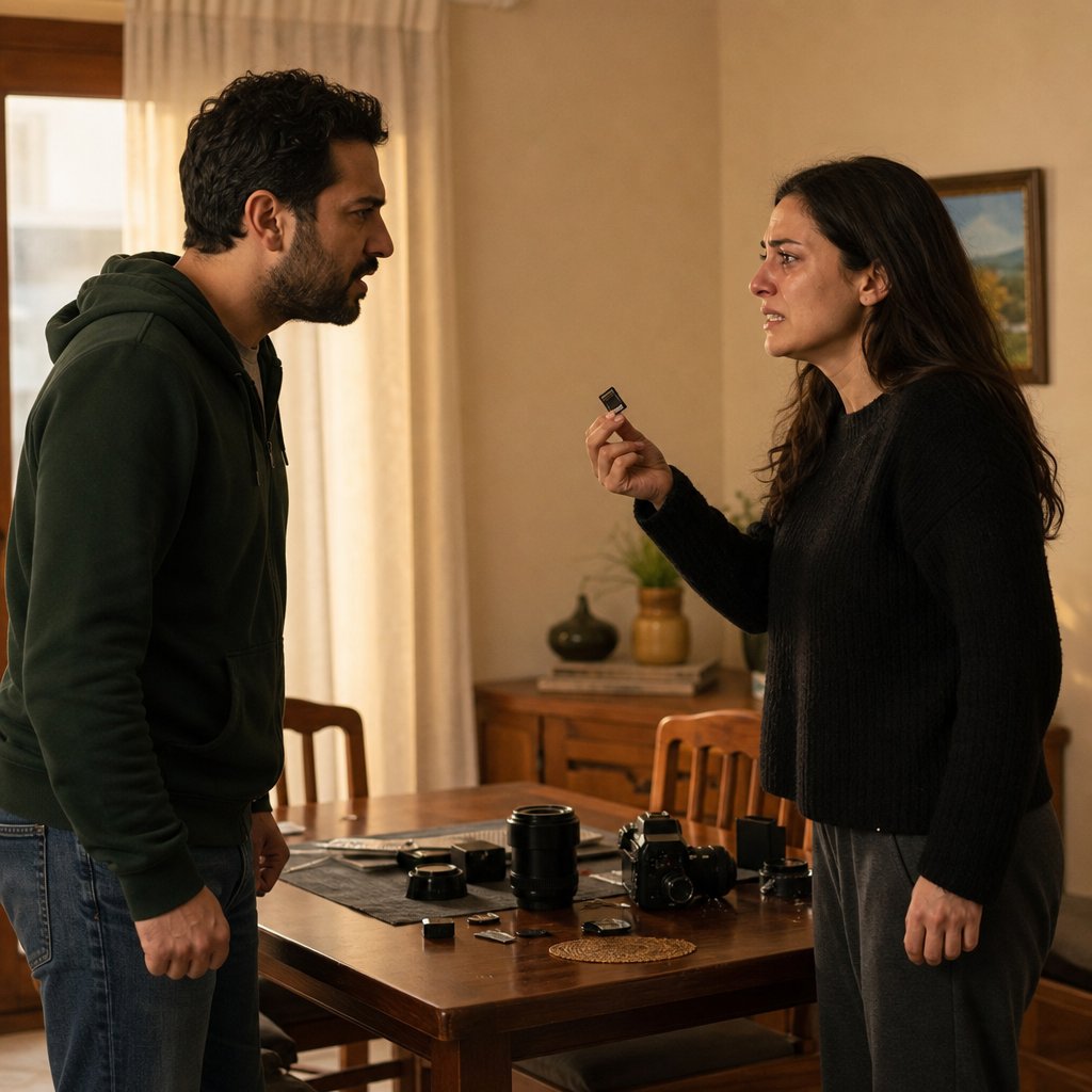 A couple faces off in a dining area, the woman holding a small memory card while the man stands with clenched fists.