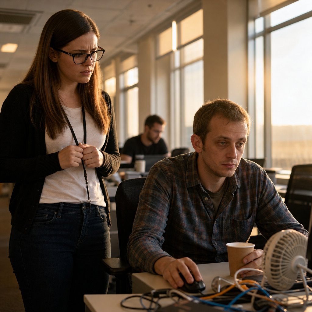 In IT, Ivy argues as the technician dismisses her issue as a sync problem.