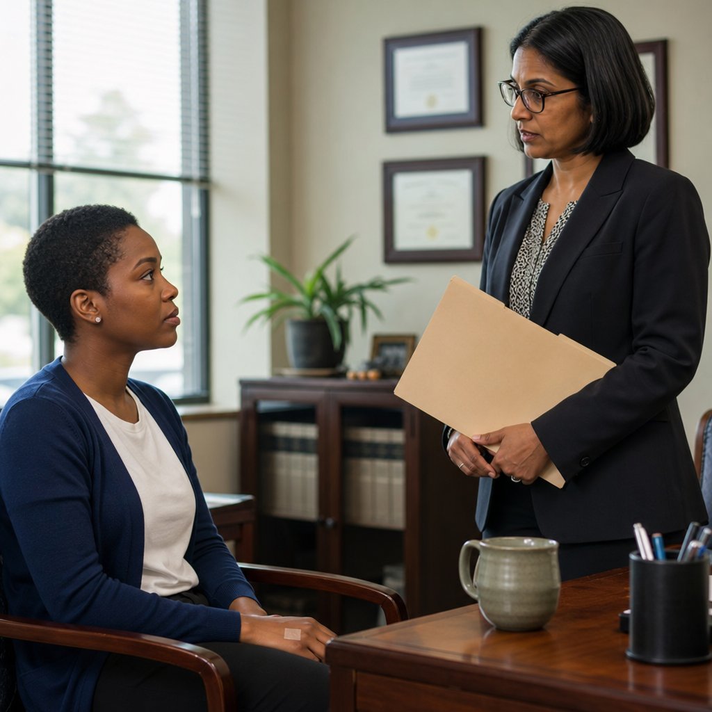 Mara sits stunned as her attorney stands over a folder, revealing a new legal accusation.