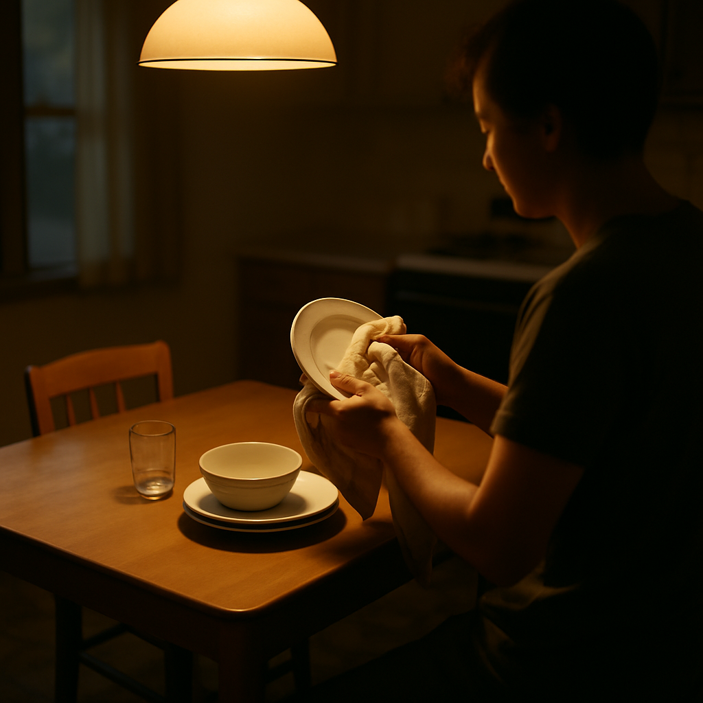 Hands drying dishes at kitchen table with warm light and shadows