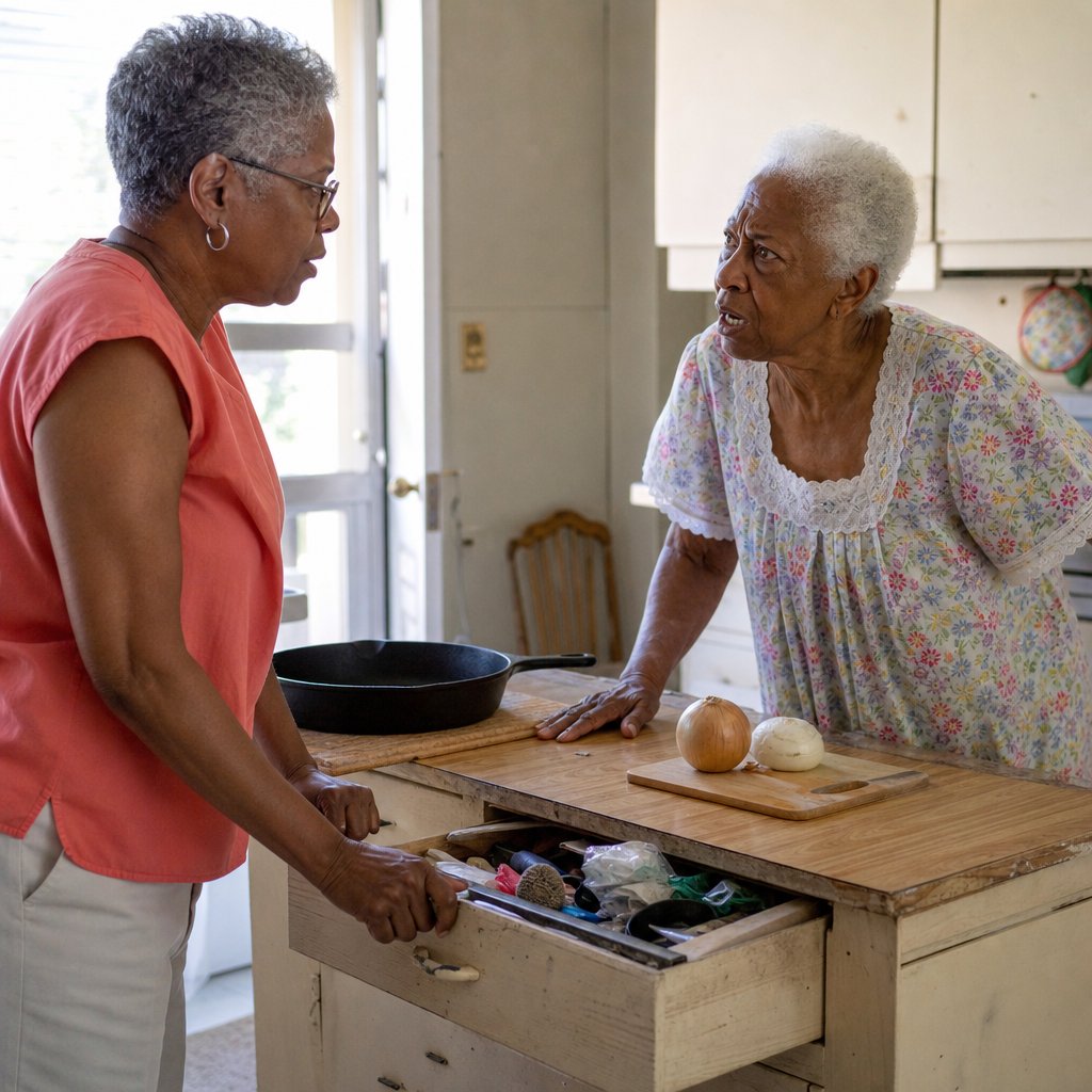 In a kitchen, the narrator recoils from a junk drawer as her elderly mother glares and holds it shut.