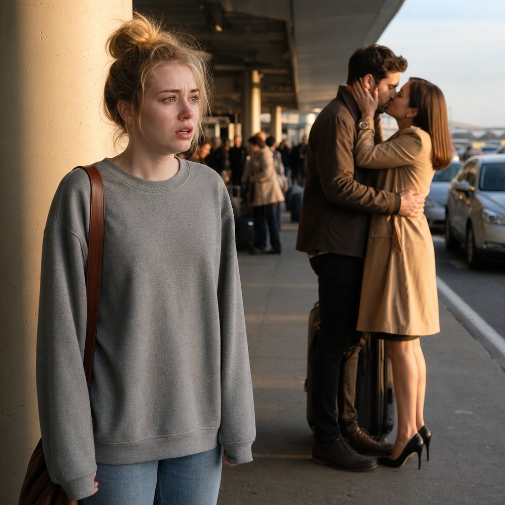 Mara watches in shock as Graham kisses a polished woman at the airport pickup curb.