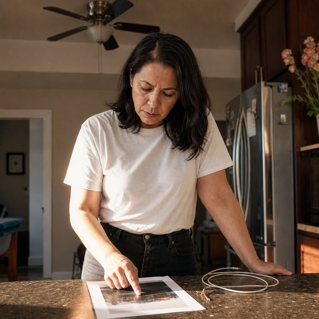 Mara studies a printed screenshot at her kitchen table, realizing a small detail doesn’t match her real phone use.