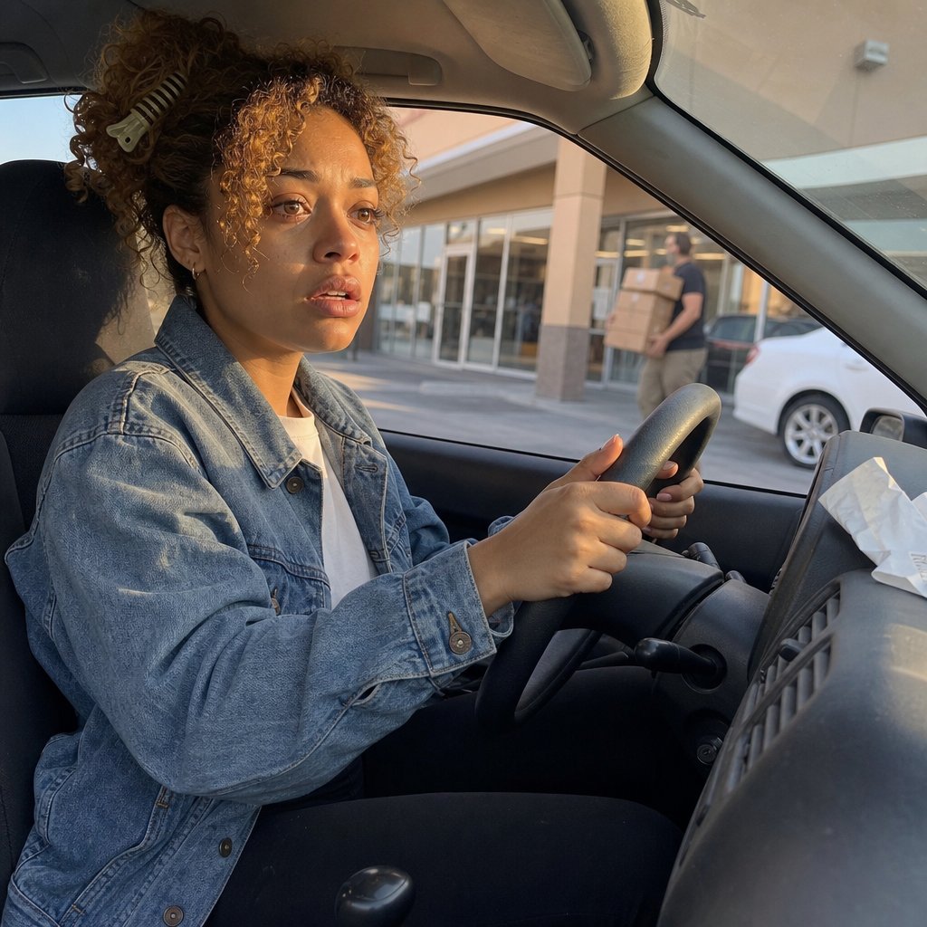 Iris sits frozen in her car, gripping the steering wheel after learning about a PO box link.