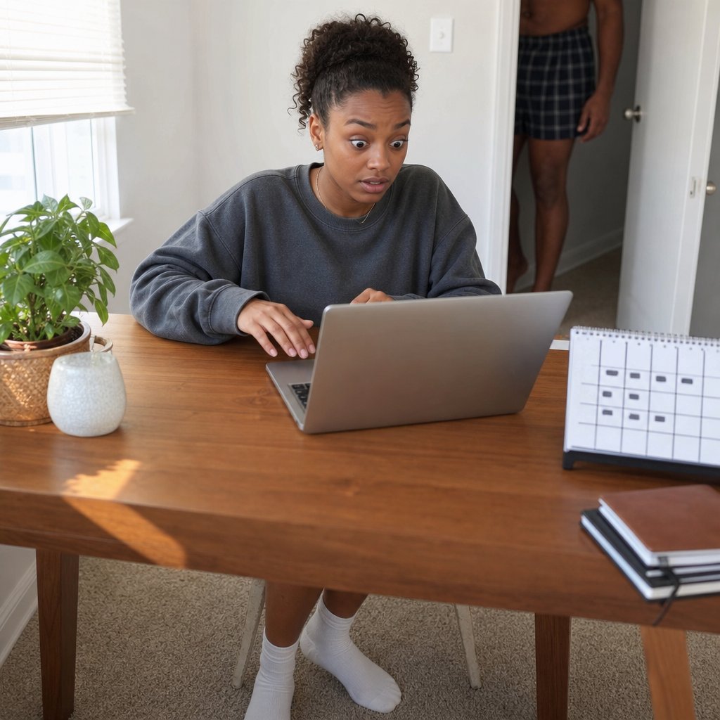 A woman sits frozen at a desk as someone approaches the office doorway behind her.