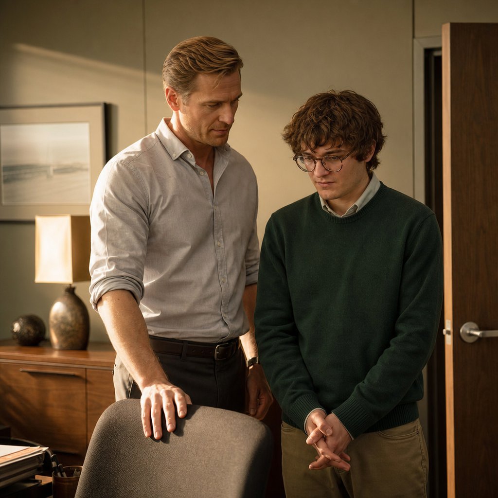 Graham stands over Iris in his office, pressuring him for names as the door handle shifts.