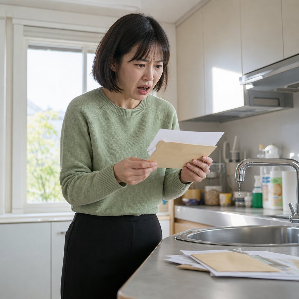 Iris stands in her kitchen holding opened mail, stunned by what she’s found.