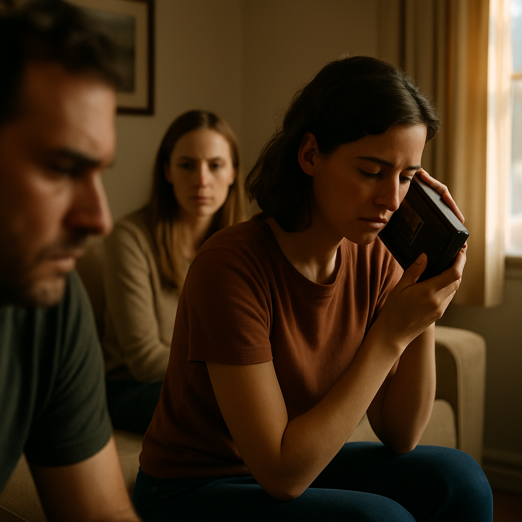 Group listening to old cassette tape with urgent message in a living room