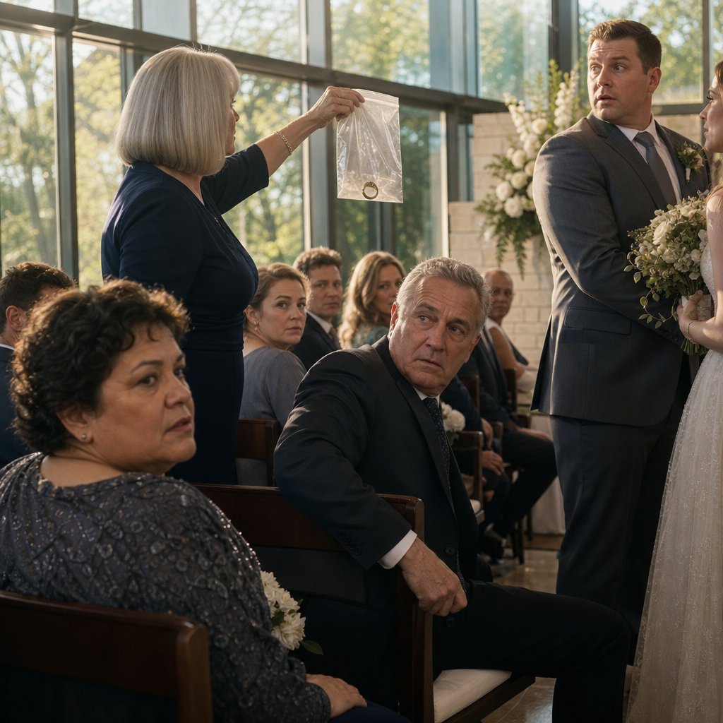 The groom’s mother stands in the chapel aisle holding up a bagged ring as the groom and guests stare in shock.