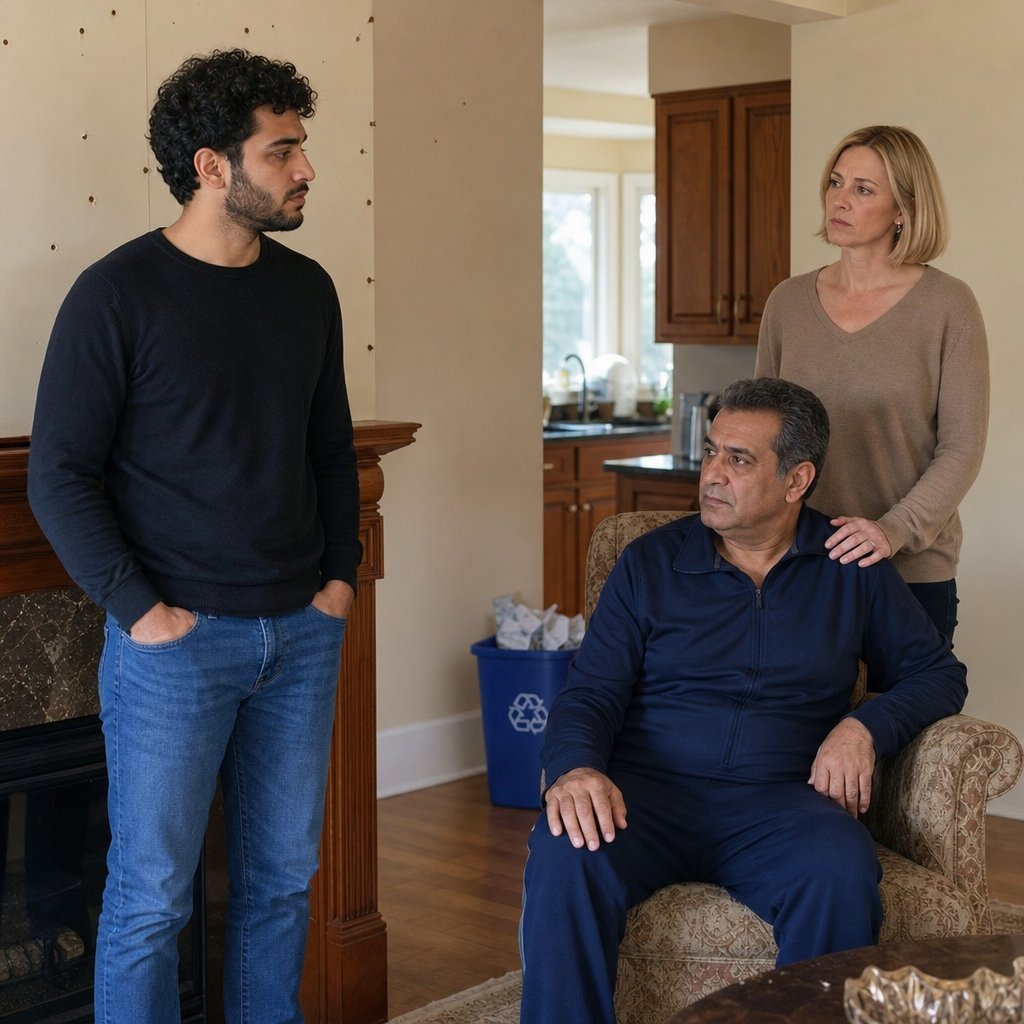 Ivy confronts his father and Kendra in the living room while a stuffed recycling bin sits near the kitchen doorway.