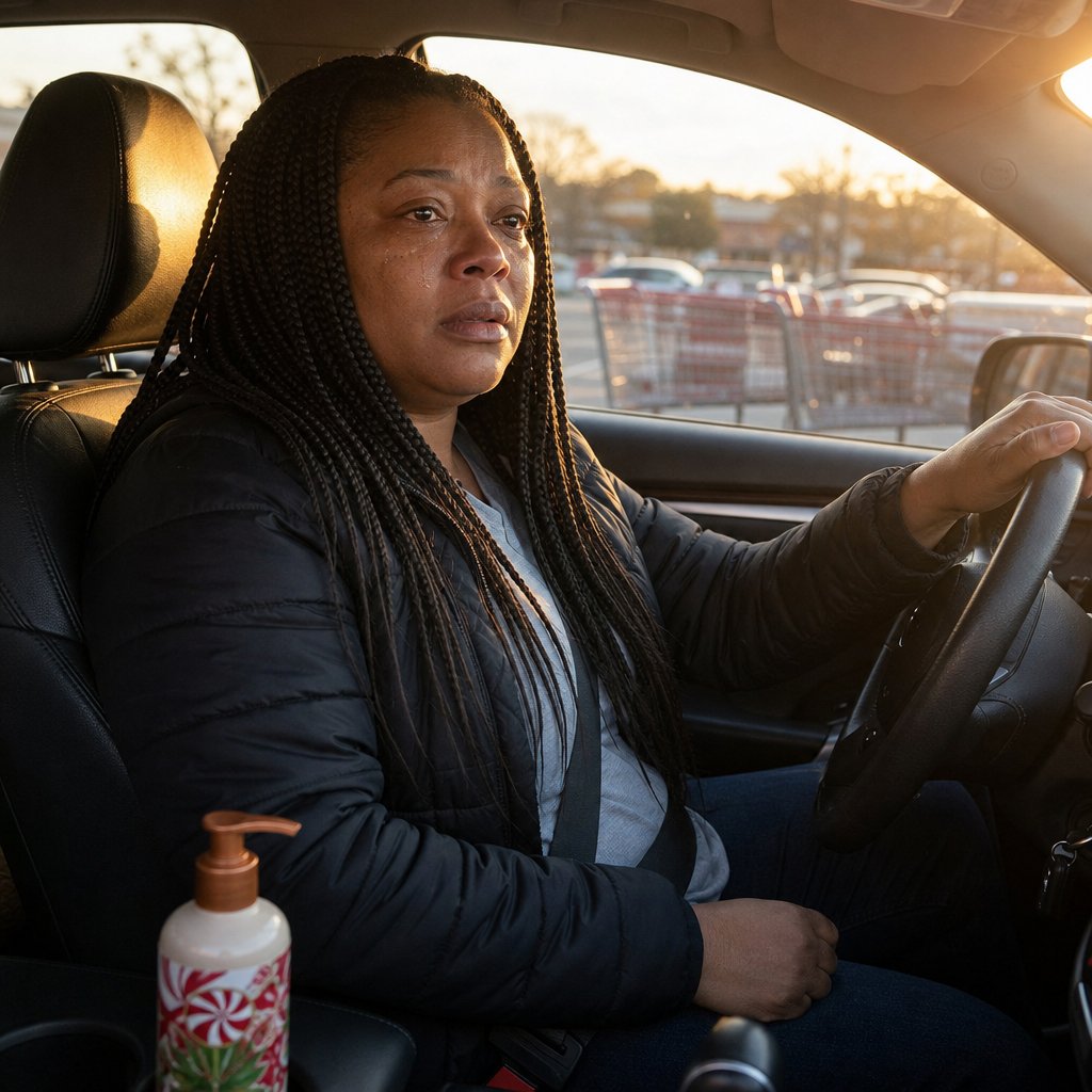A woman sits in a parked car, tense and emotional, holding a phone face-down.