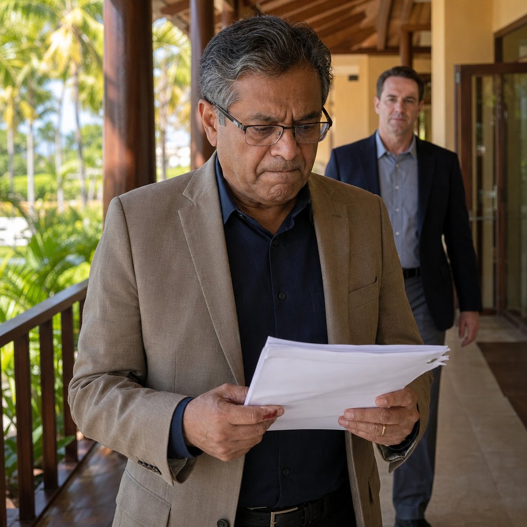 In a hallway, Mara reads a stapled email printout with a bleeding thumb as Cal approaches from behind.
