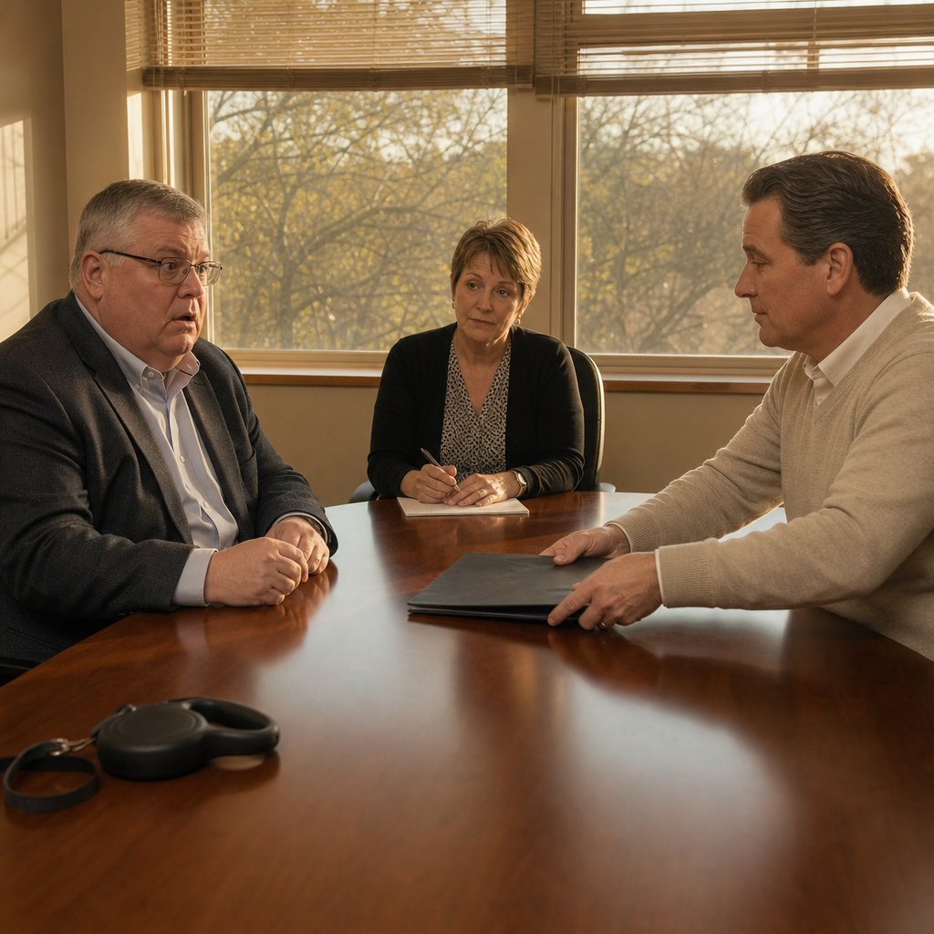 In a mediation room, a man slides a folder across the table as a stunned man with glasses looks on.