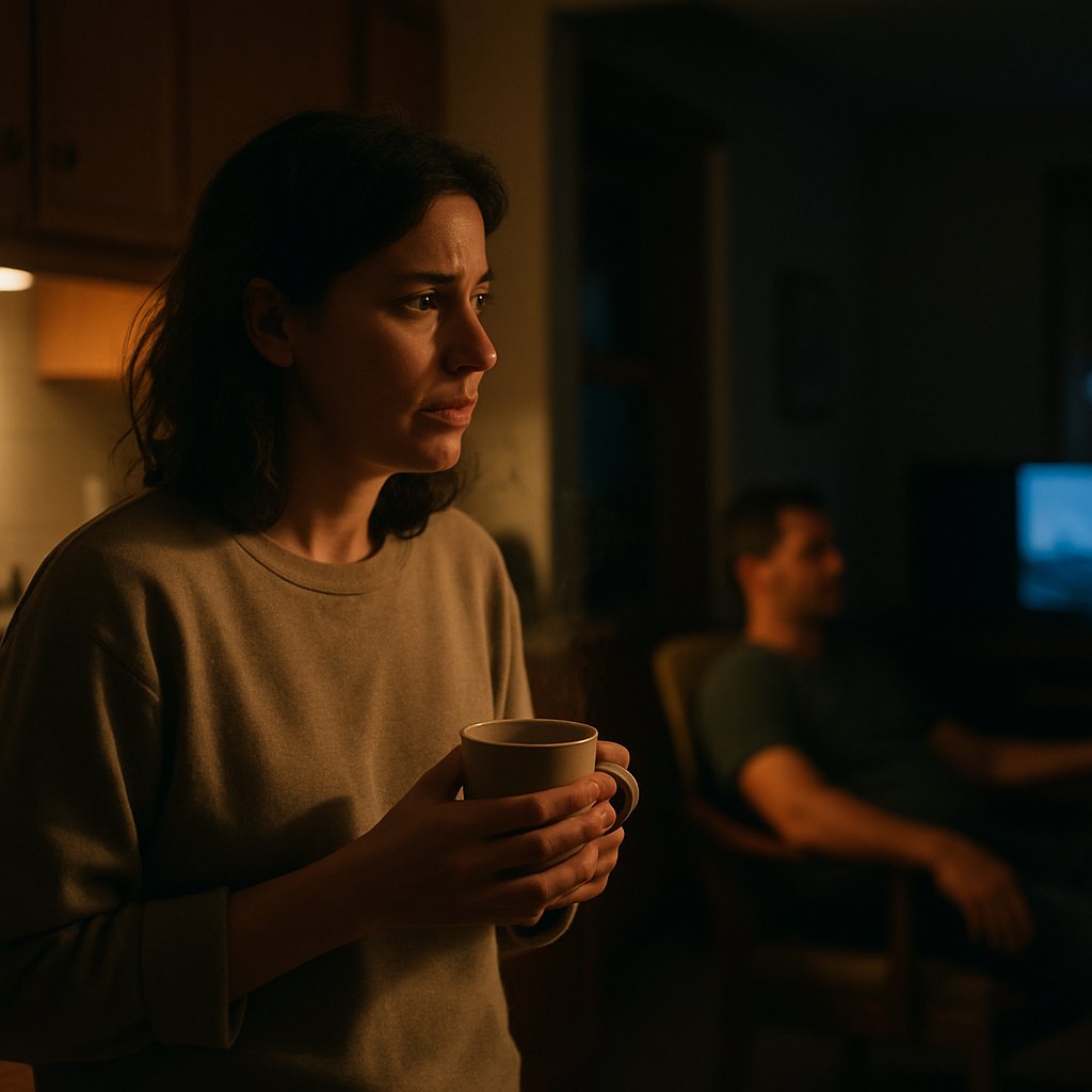 Woman holding a mug looking concerned while man watches TV in kitchen.