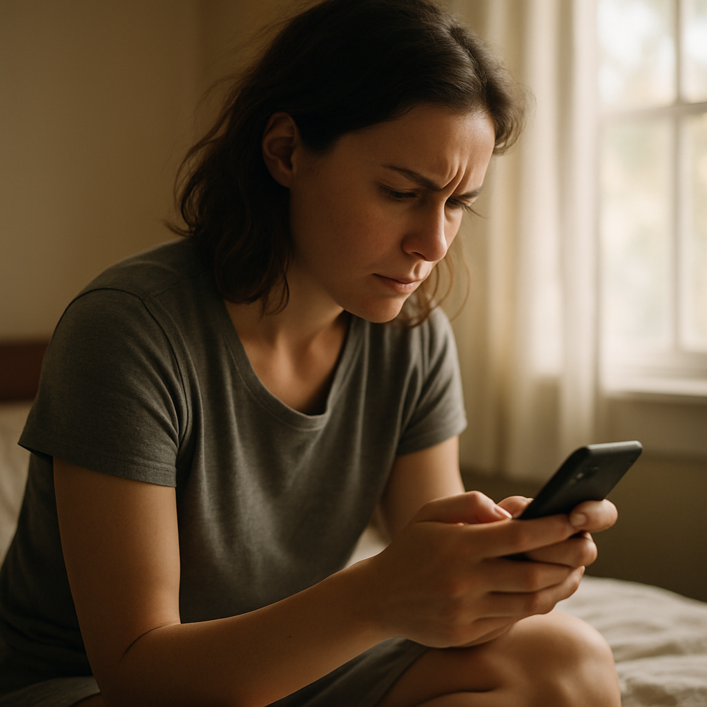 Woman reading tense family group chat messages on phone in natural light.