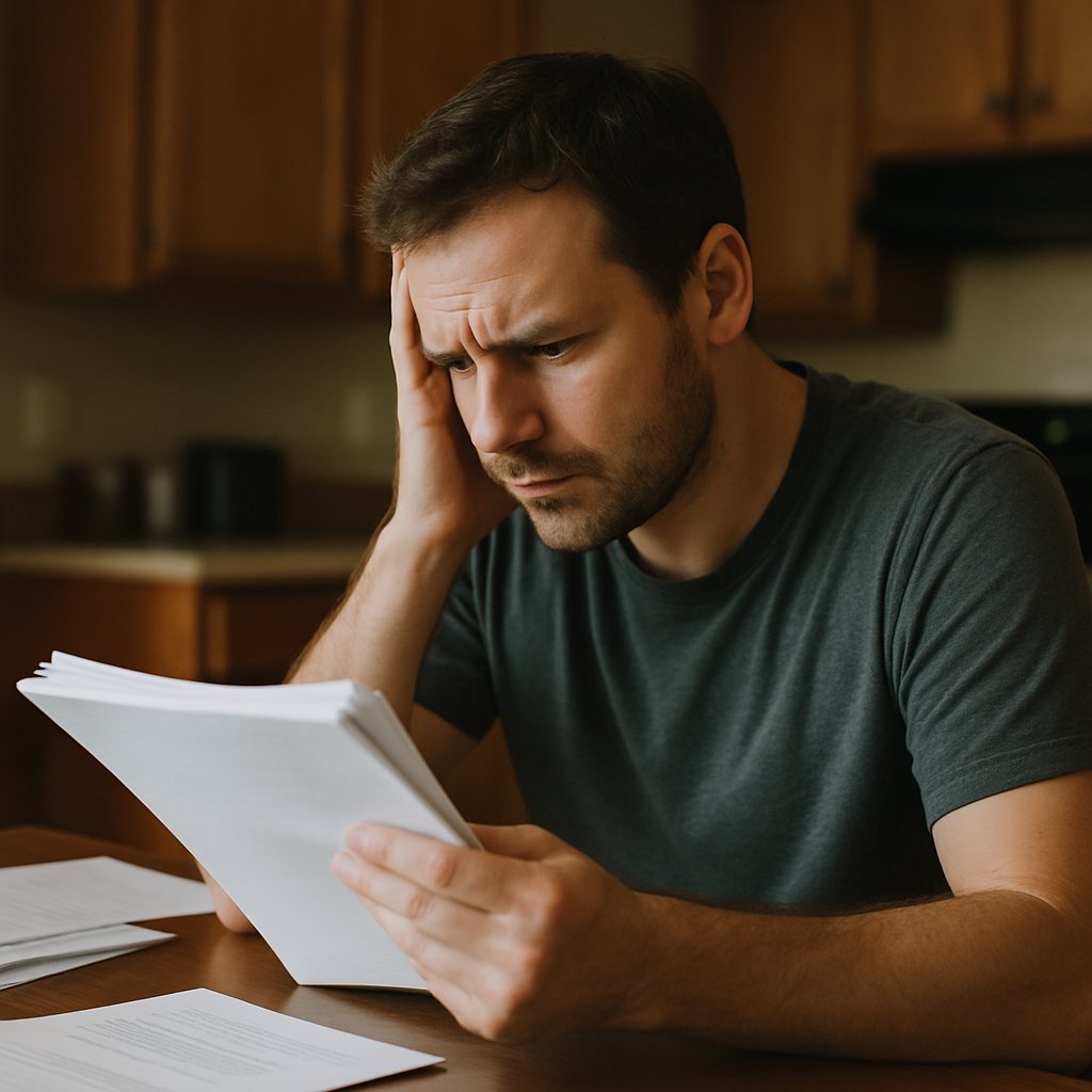 Man reading HOA packet with property map at his kitchen table.