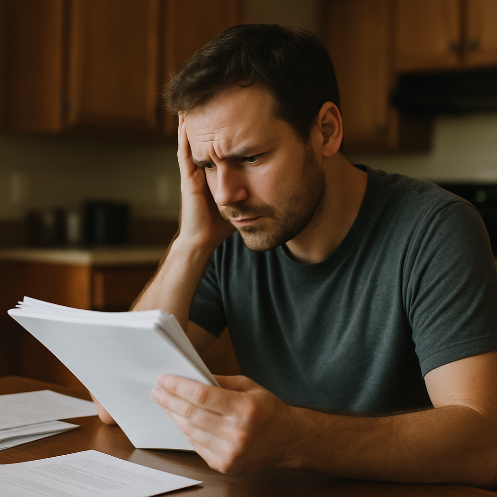Man reading HOA packet with property map at his kitchen table.