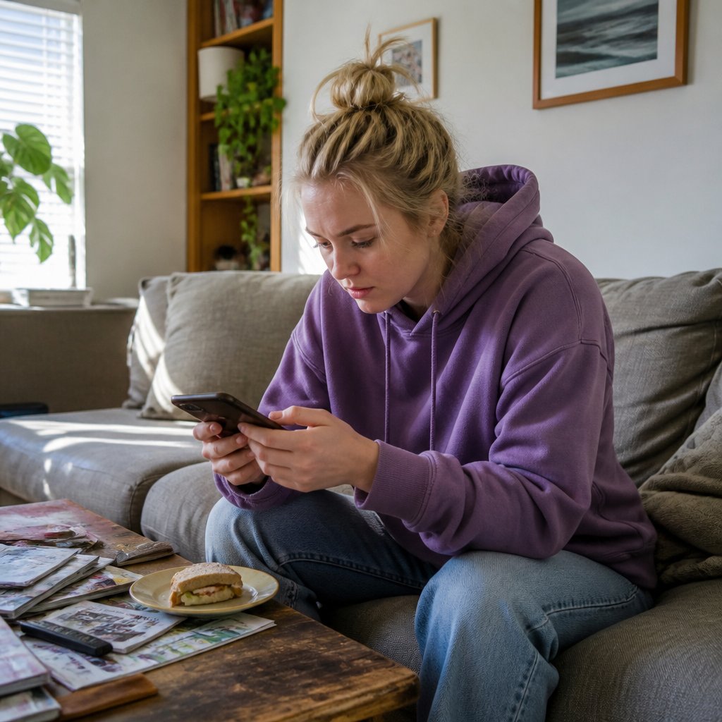 Young woman watching baby monitor footage on her phone, showing a woman entering the kitchen with keys.