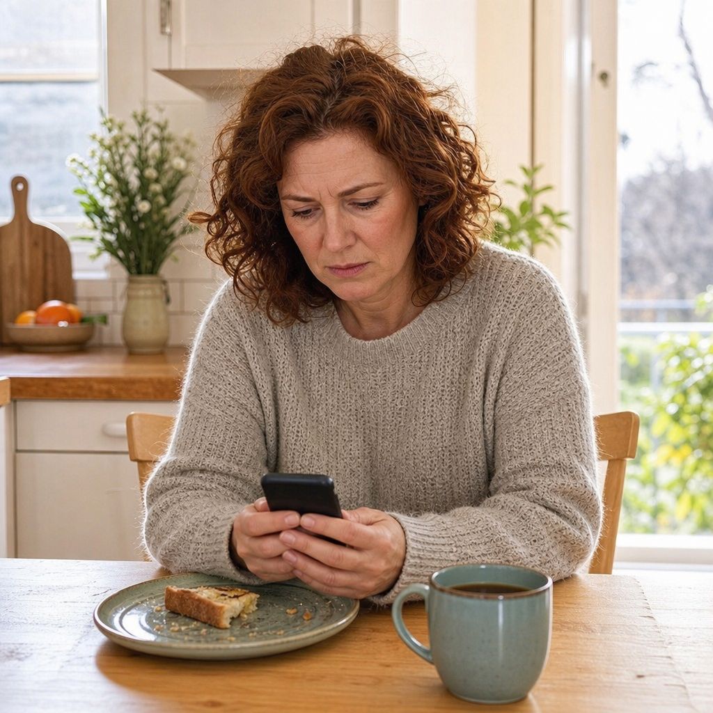 Woman looking concerned while checking messages on her phone at the kitchen table.