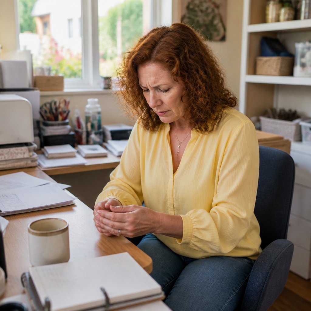 Woman in yellow blouse looking intently at phone in home office, surrounded by papers and printer.