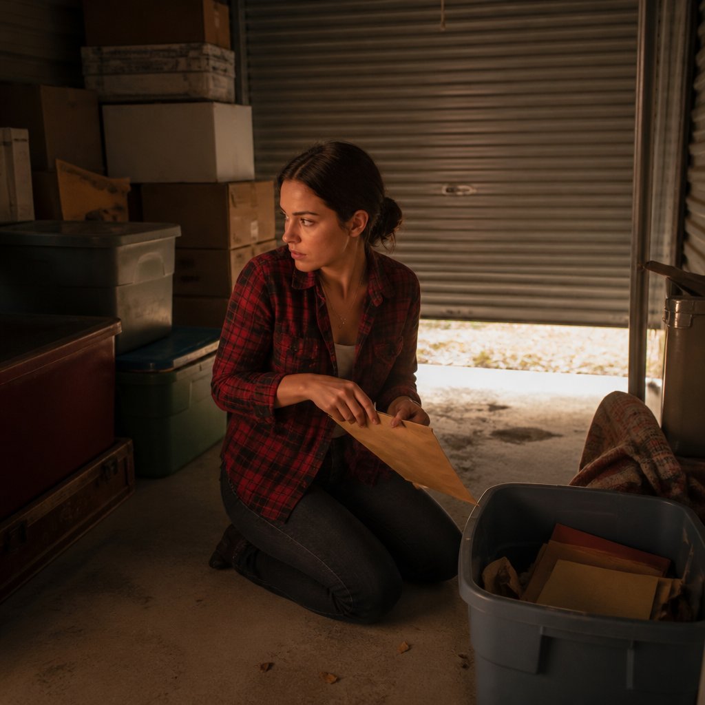 Young woman kneeling in a storage unit opening a brown envelope, looking alert to sounds outside.