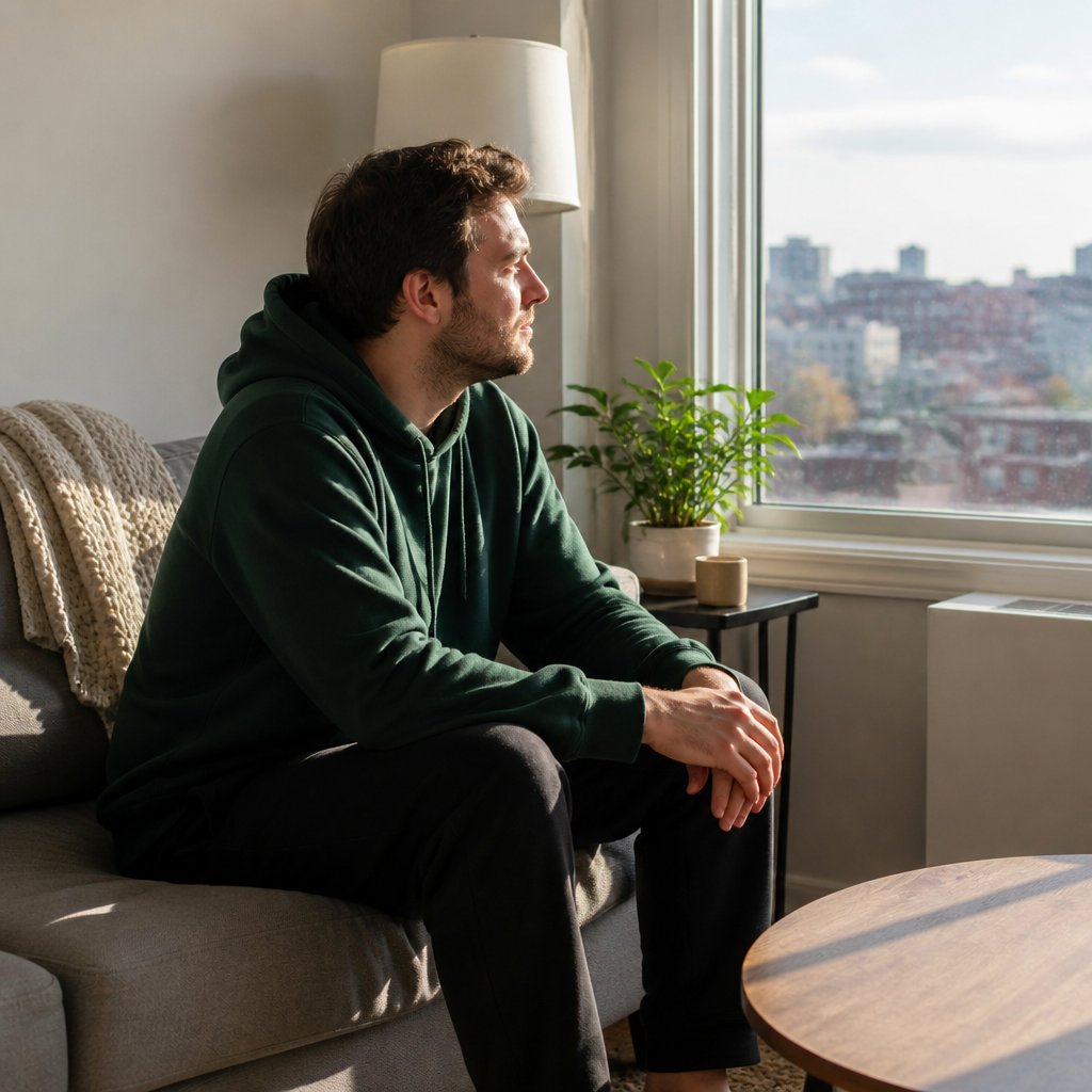 Man in living room pondering a mysterious address in delivery history.