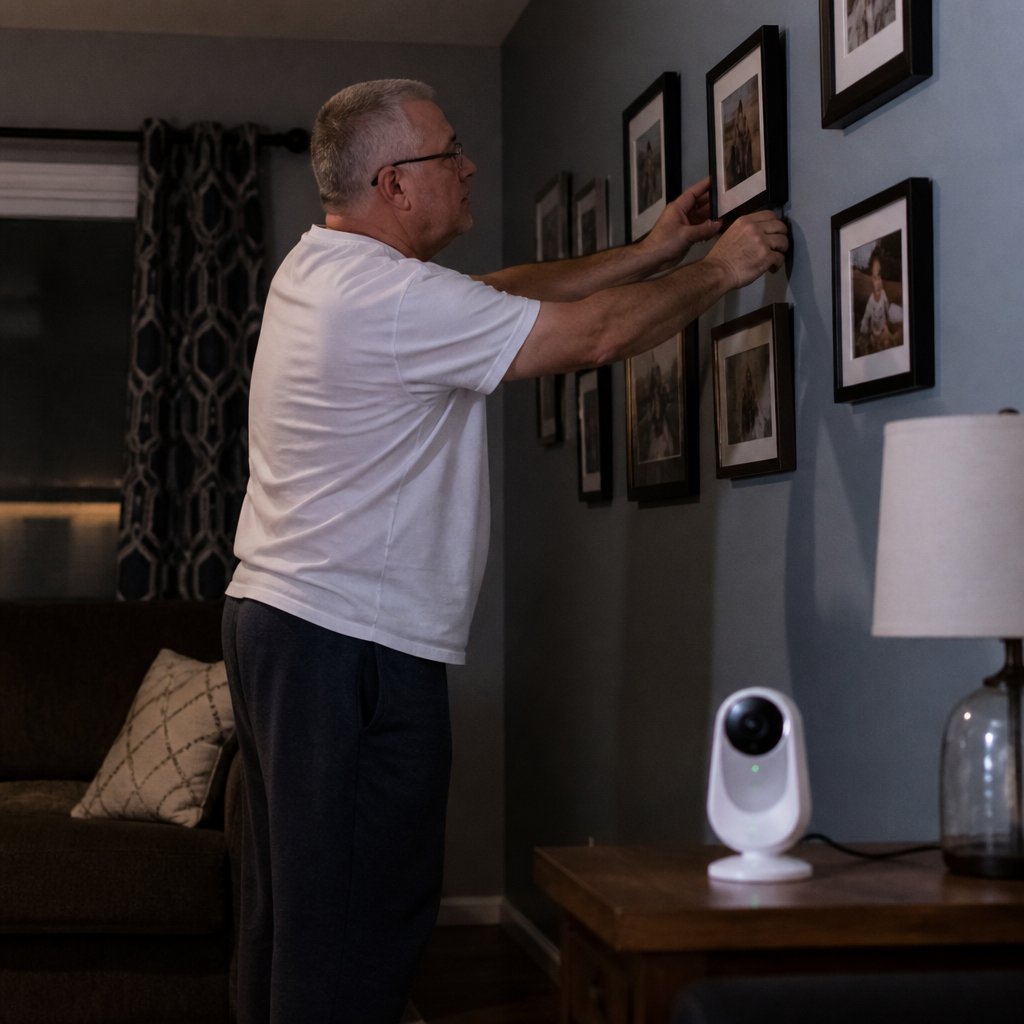 Man swapping photo frames at night caught by baby monitor in living room