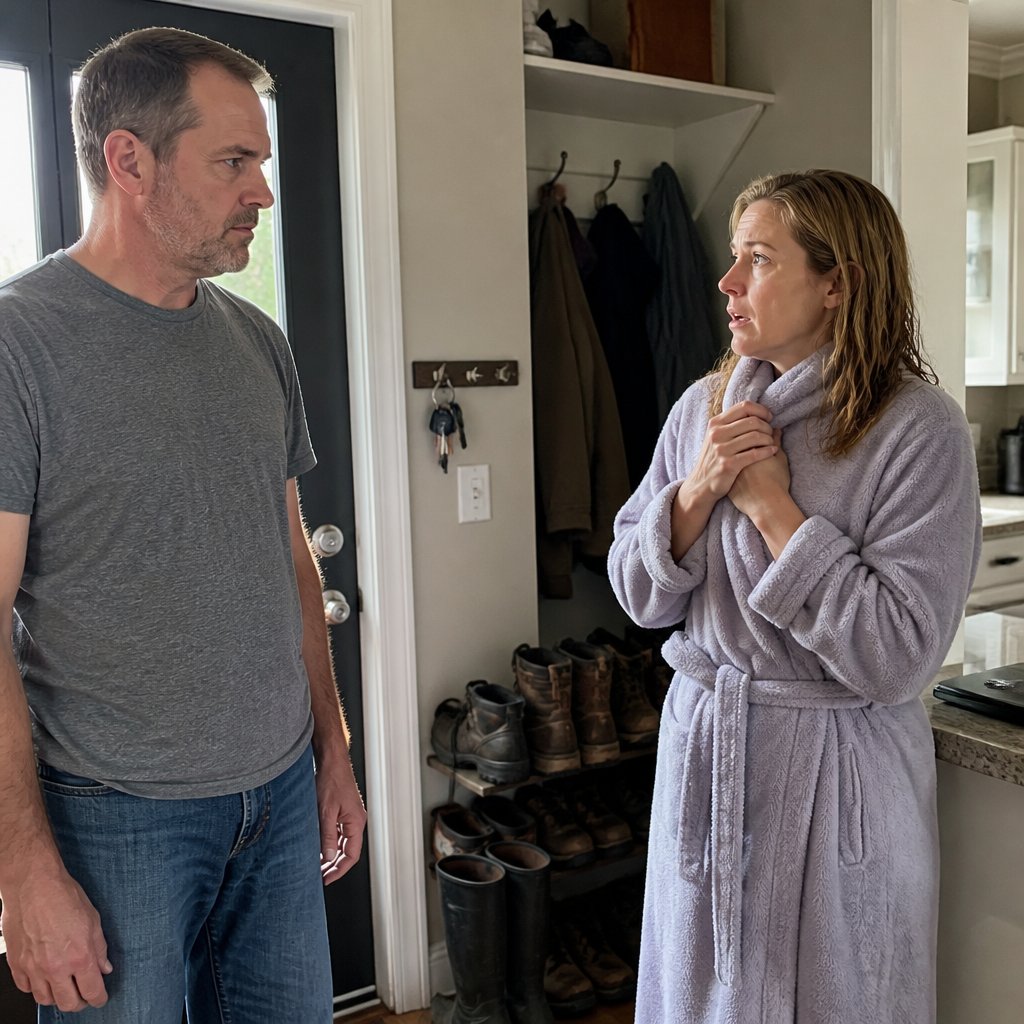 In the mudroom, Ivy in a robe confronts Cal near lined-up boots, a key ring visible by the door.