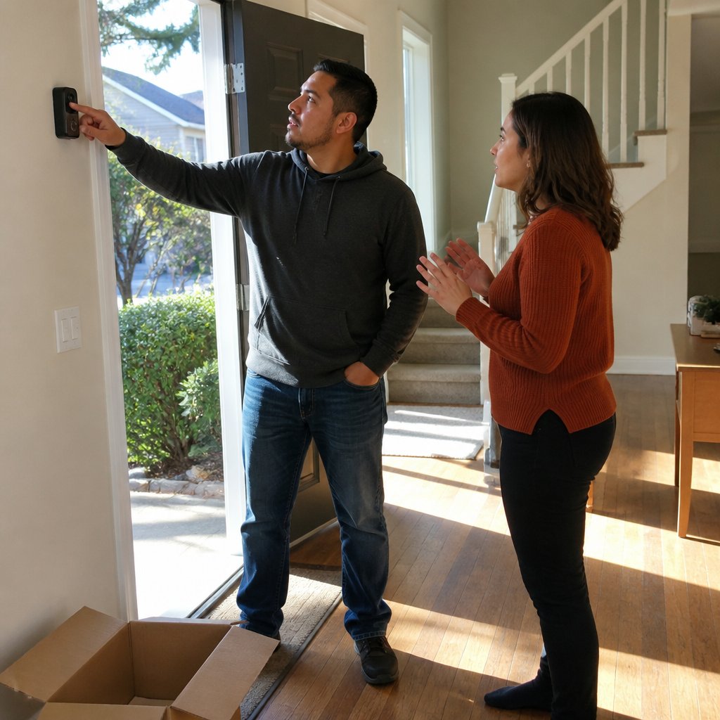 Evan reaches toward the doorbell camera while Mara stands behind him, tense and ready to intervene.