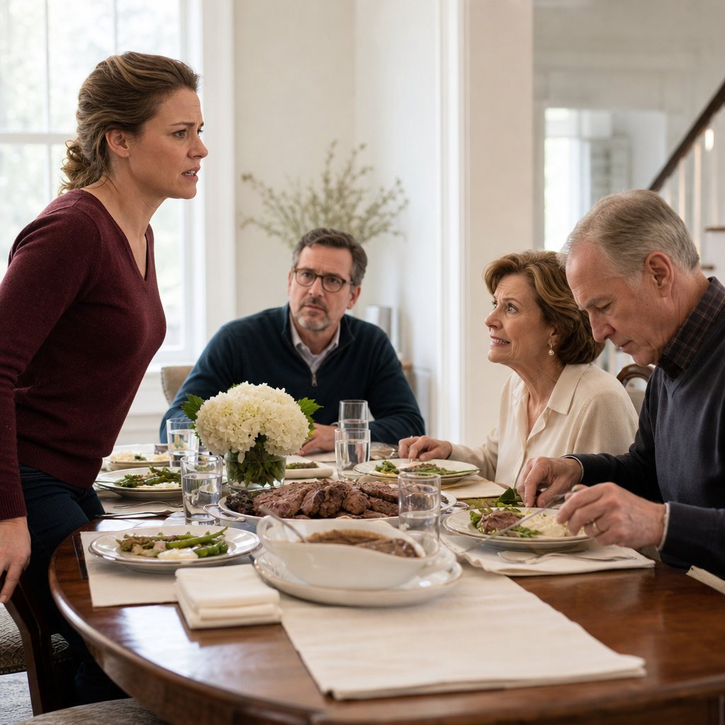 Nina rises from the dinner table as her mother smiles too tightly, refusing to address the affair.