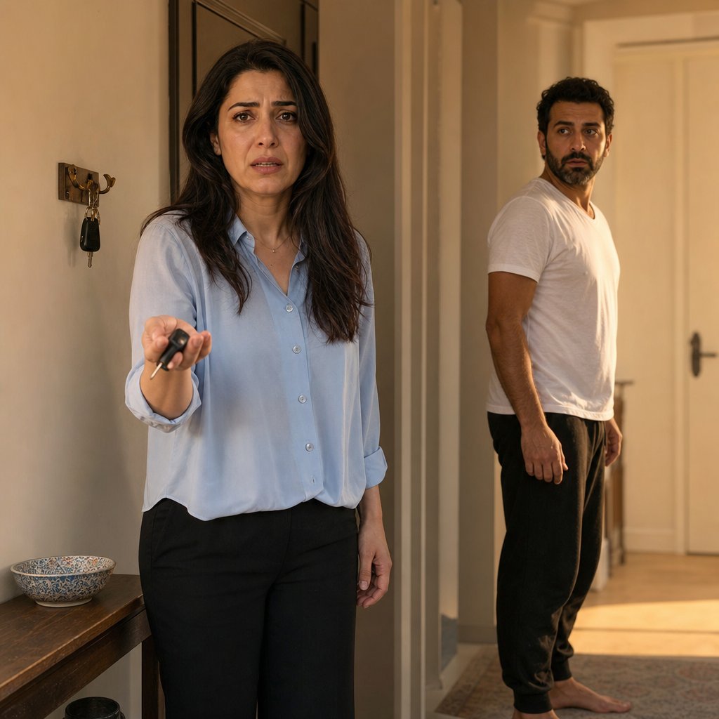 A woman holds up a car key in an entryway while a bearded man looks toward the front door, tense.