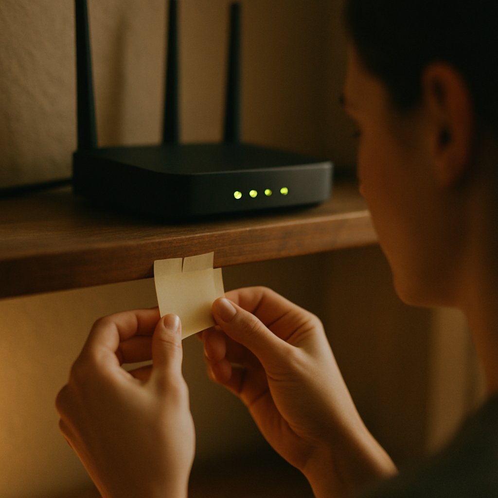 Hands holding paper taped under Wi-Fi router with glowing lights